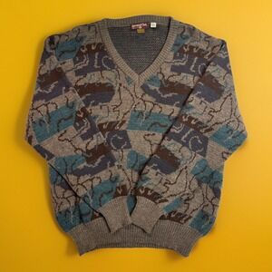 Vintage Raquet Club Wool Sweater Large Brown Green Blue Abstract V Neck Preppy